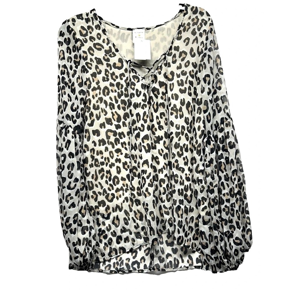 By Together Women's Long Sleeve Ivory/Black Leopard Print Top (E4